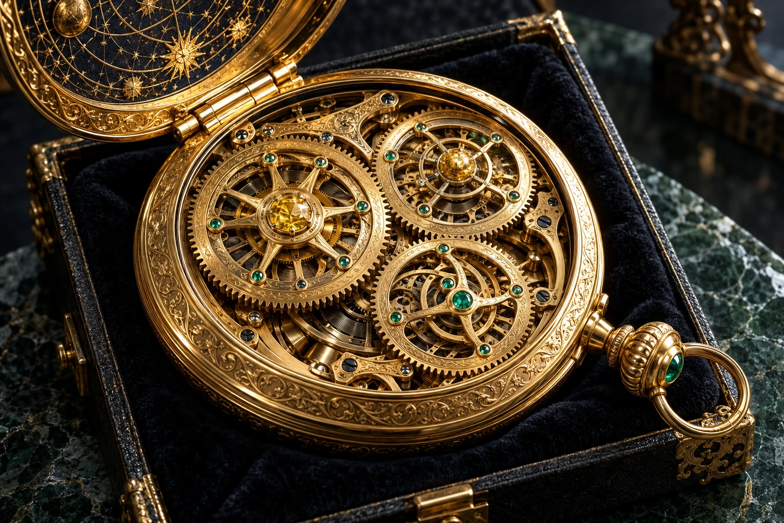 Three linked gold clock wheels with emerald bearings