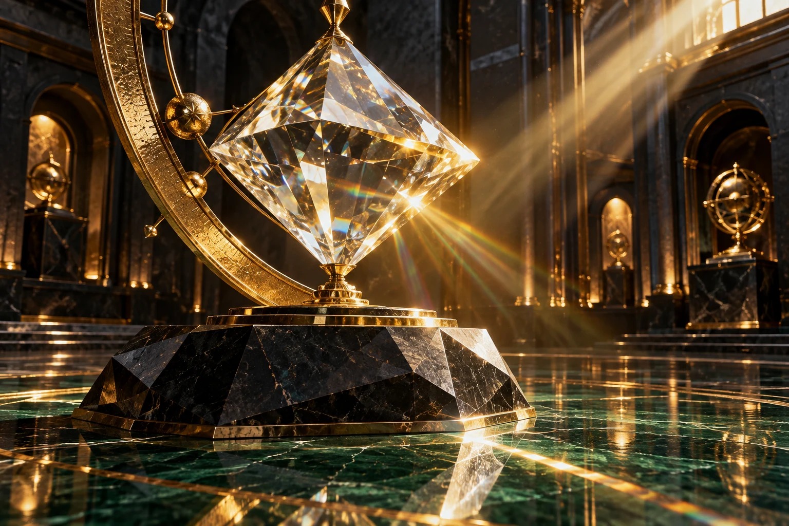 A diamond prism held by a gold astrolabe in an emerald gallery