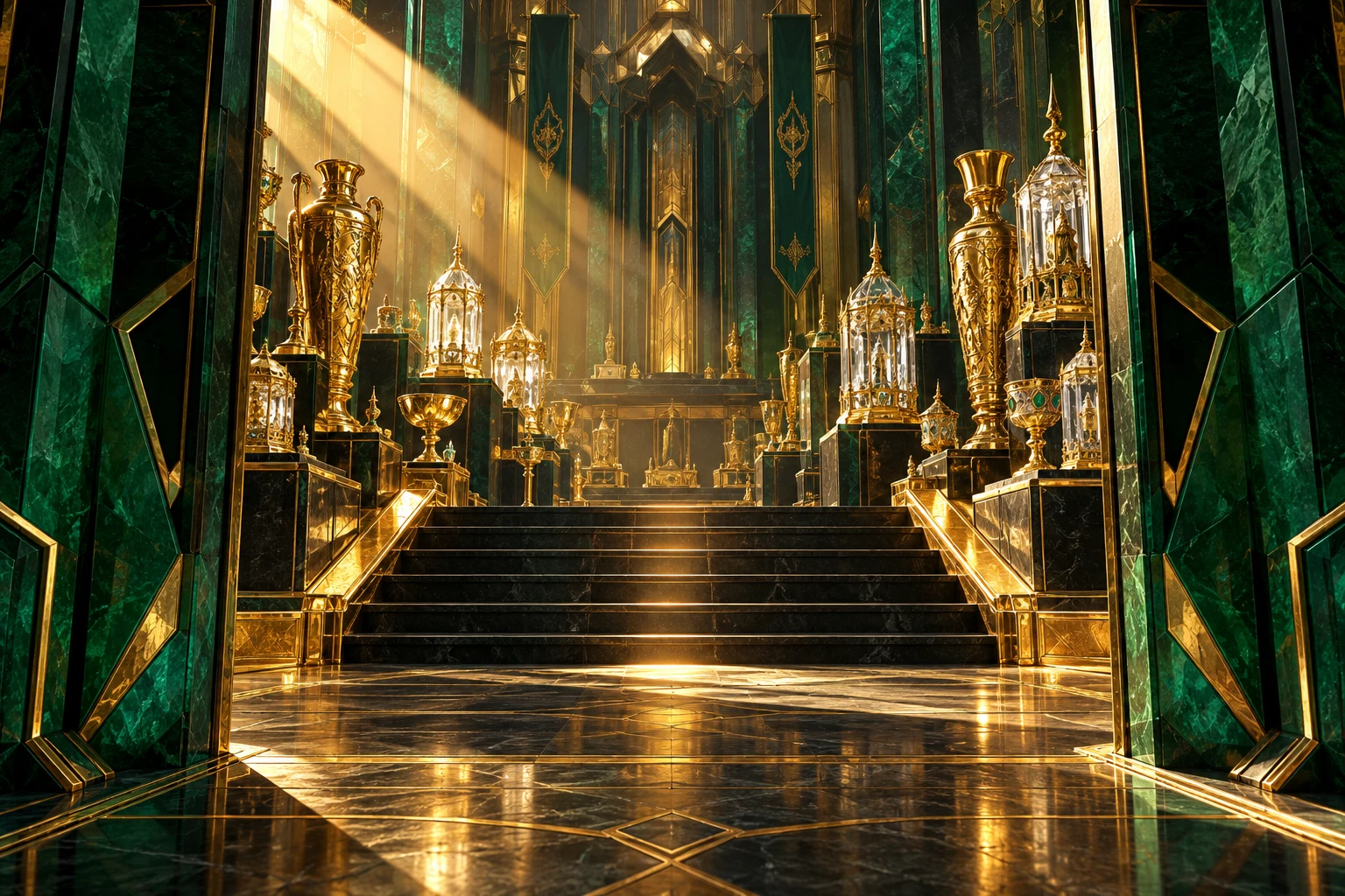 Golden treasure vessels beyond a monumental green-stone threshold